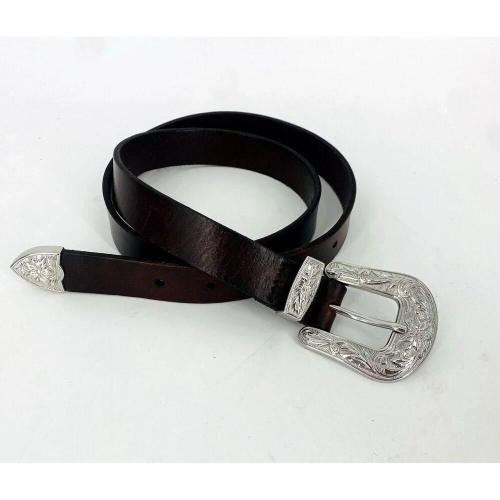White House Black Market Brown Leather Silver Buckle Western Hip Fit Belt Small